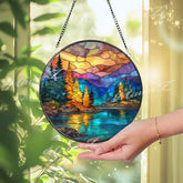 Mountain Sunset Stained Glass Suncatcher, Round Nature Lake and Forest Window Panel, Colorful Landscape Glass Art Home Décor
